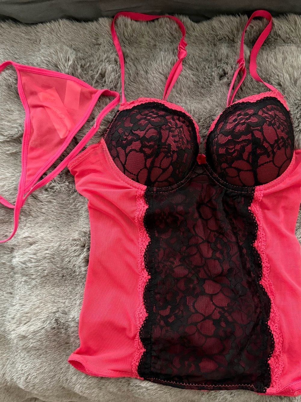 Women's Hot Pink & Black Lace Bustier Chemise
